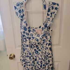 Gal Meets Glam Blue Floral Flutter Sleeve Cotton Olivia Dress | Lined